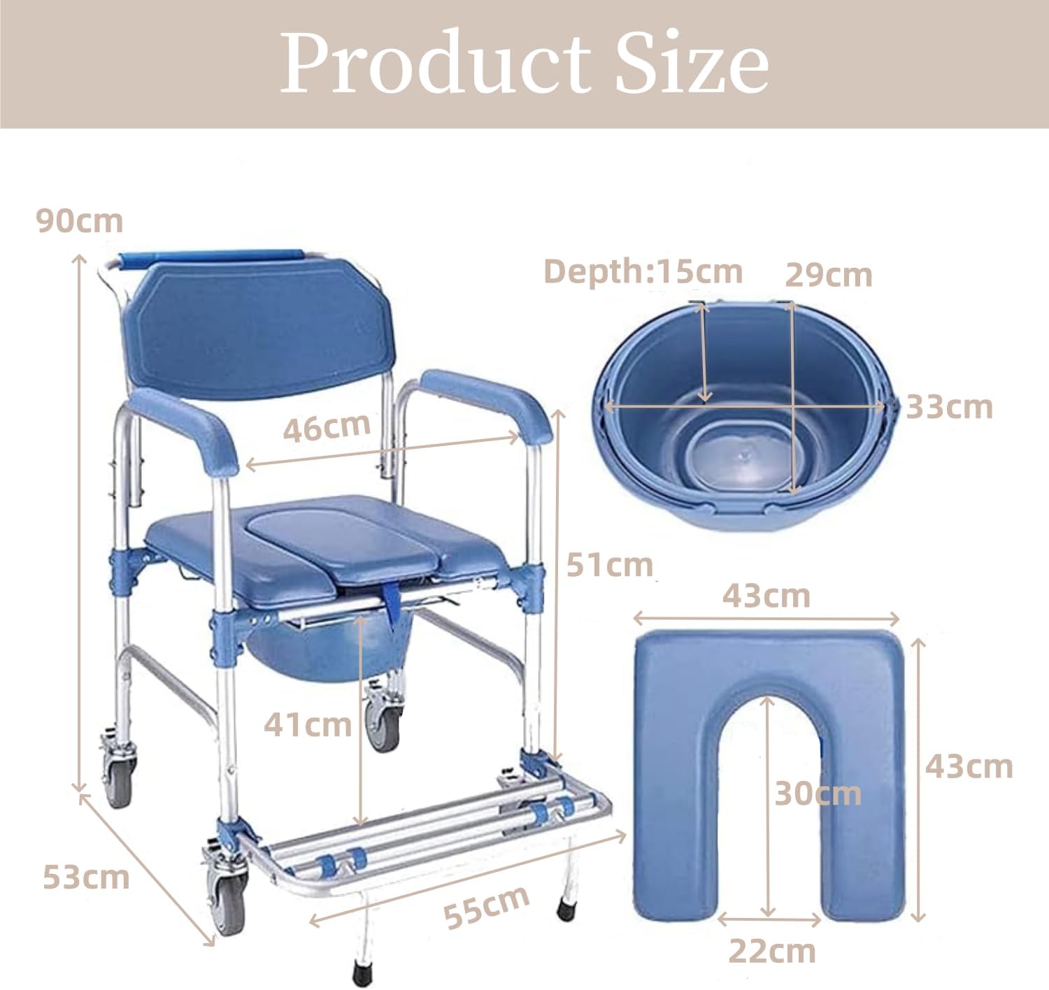 ybaymy 4-in-1 Wheeled Shower Chair, Bathroom Shower Chair with Wheels for Elderly, Waterproof Wheeled Commode Toilet Chair with Removable Bucket, Bedside Commode Chair on Wheels for The Disabled-1