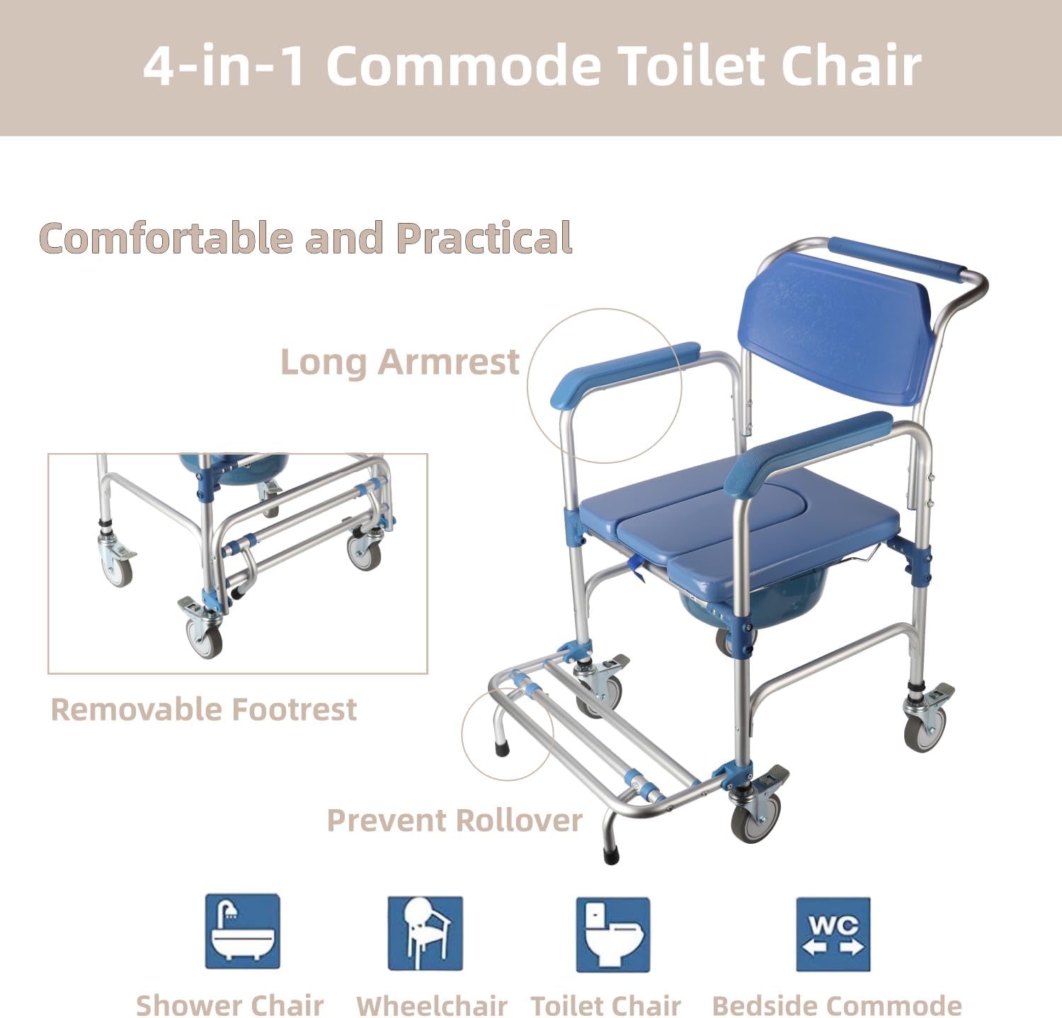 ybaymy 4-in-1 Wheeled Shower Chair, Bathroom Shower Chair with Wheels for Elderly, Waterproof Wheeled Commode Toilet Chair with Removable Bucket, Bedside Commode Chair on Wheels for The Disabled-3