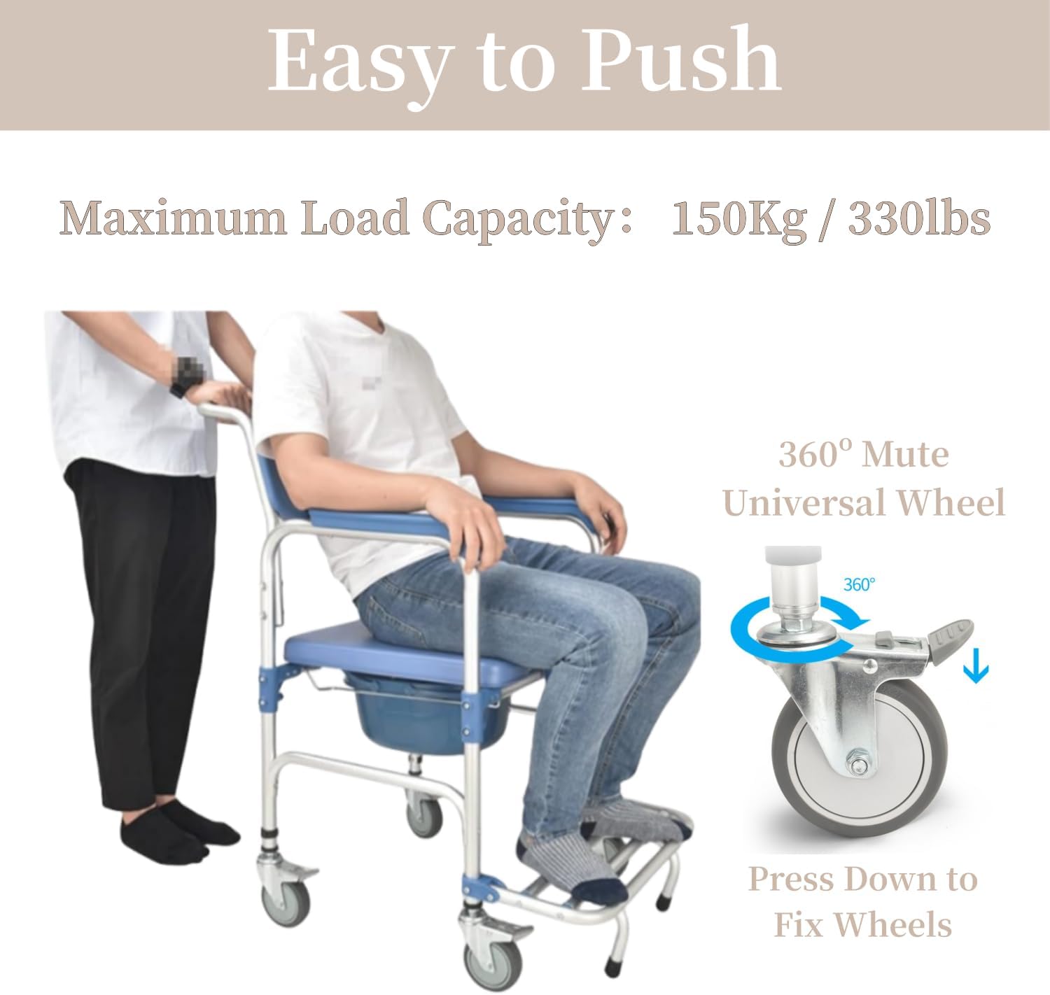 ybaymy 4-in-1 Wheeled Shower Chair, Bathroom Shower Chair with Wheels for Elderly, Waterproof Wheeled Commode Toilet Chair with Removable Bucket, Bedside Commode Chair on Wheels for The Disabled-4