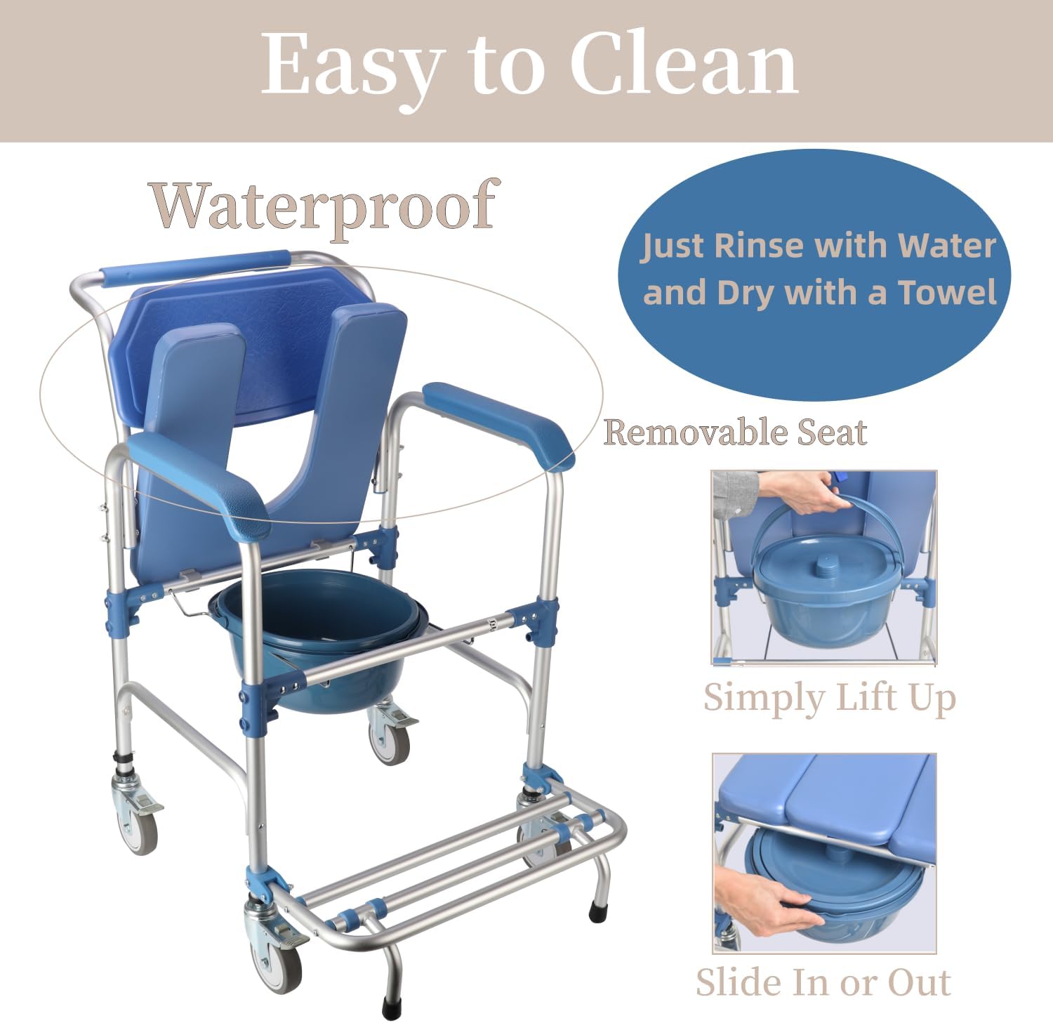 ybaymy 4-in-1 Wheeled Shower Chair, Bathroom Shower Chair with Wheels for Elderly, Waterproof Wheeled Commode Toilet Chair with Removable Bucket, Bedside Commode Chair on Wheels for The Disabled-5