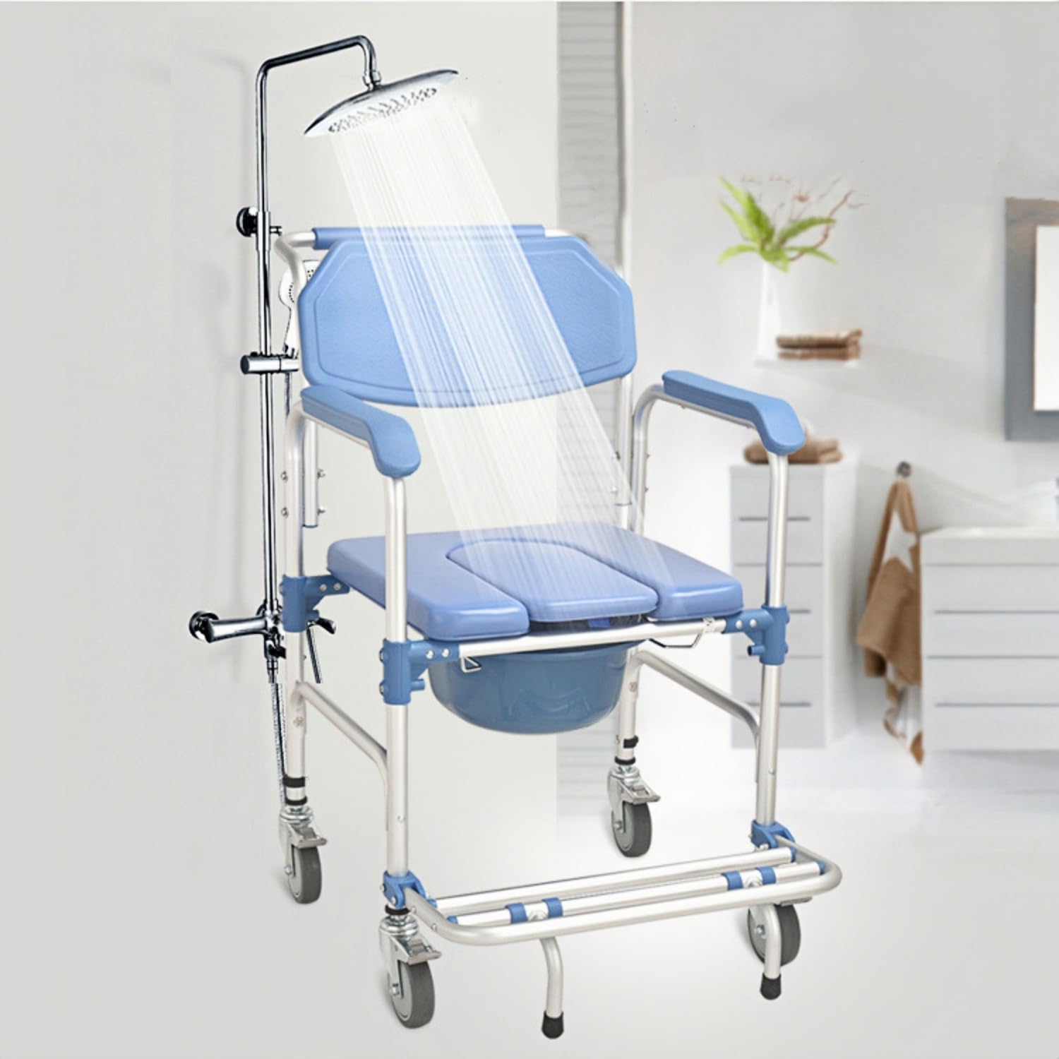 ybaymy 4-in-1 Wheeled Shower Chair, Bathroom Shower Chair with Wheels for Elderly, Waterproof Wheeled Commode Toilet Chair with Removable Bucket, Bedside Commode Chair on Wheels for The Disabled-8