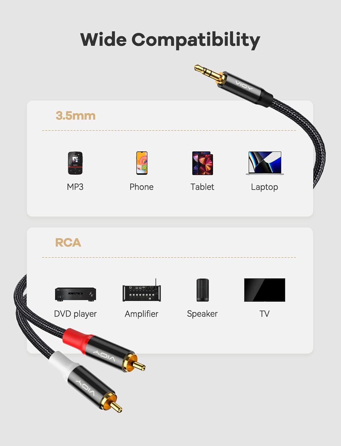 VIOY Phono to 3.5mm Jack Cable [3M], RCA Male to 3.5mm Male Headphone Jack Stereo Splitter Red and White Aux Cable Compatible with TV Phone Laptop Mixer DVD Controller Hi-Fi Speaker Car Amplifier-1