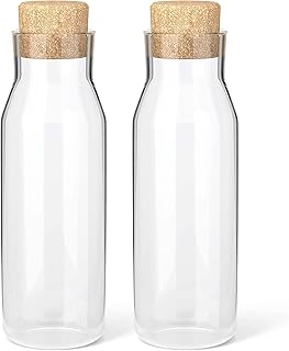 HEFTMAN Glass Carafe Bottles 2 Pack - 1 Litre Glass Bottles with Cork Lid, Clear Glass Bottle for Hot & Cold Beverages, Reusable Fabric Softener Jars, Laundry Detergent Storage Bottles with Stoppers