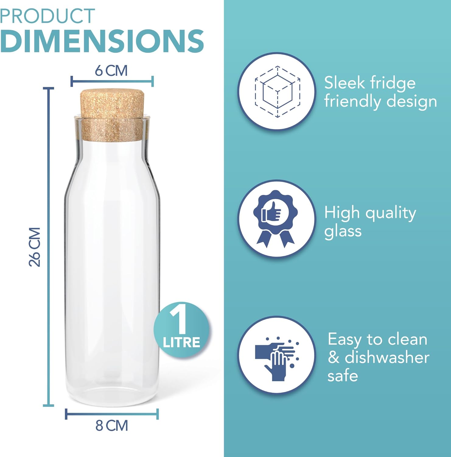 HEFTMAN Glass Carafe Bottles 2 Pack - 1 Litre Glass Bottles with Cork Lid, Clear Glass Bottle for Hot & Cold Beverages, Reusable Fabric Softener Jars, Laundry Detergent Storage Bottles with Stoppers-1