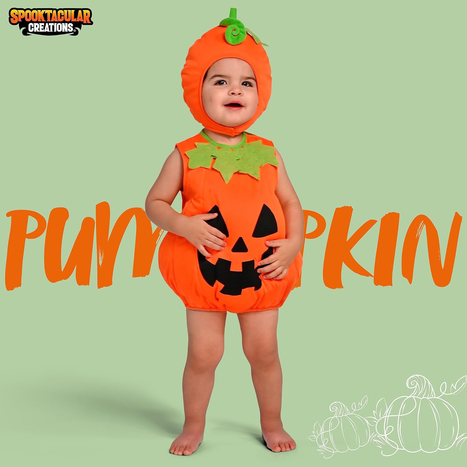 Spooktacular Creations Baby Pumpkin Costume, Cute Pumpkin Outfit With Hood For Toddler, Infant, Orange Sleeveless Halloween Costume for Dress Up Parties (12-18 months)-1