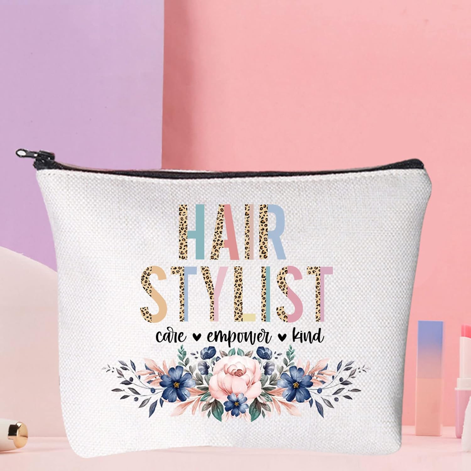 WZMPA Hairdresser Cosmetic Makeup Bag Hair Stylist Graduation Gift Hair Stylist Care Empower Kind Floral Makeup Zipper Pouch Bag Salon Merchandise, Hair Stylist-3