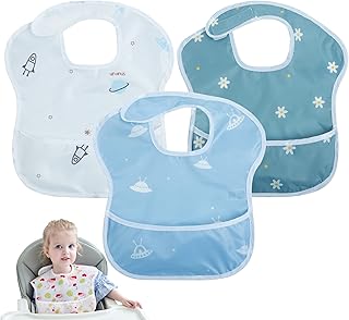 Little Dimsum 3 pack Baby Bibs Waterproof Bib Easy to Clean Feeding Bibs Weaning Bibs Adjustable Closed for Babies Toddlers with Large Pocket（6-36Months）