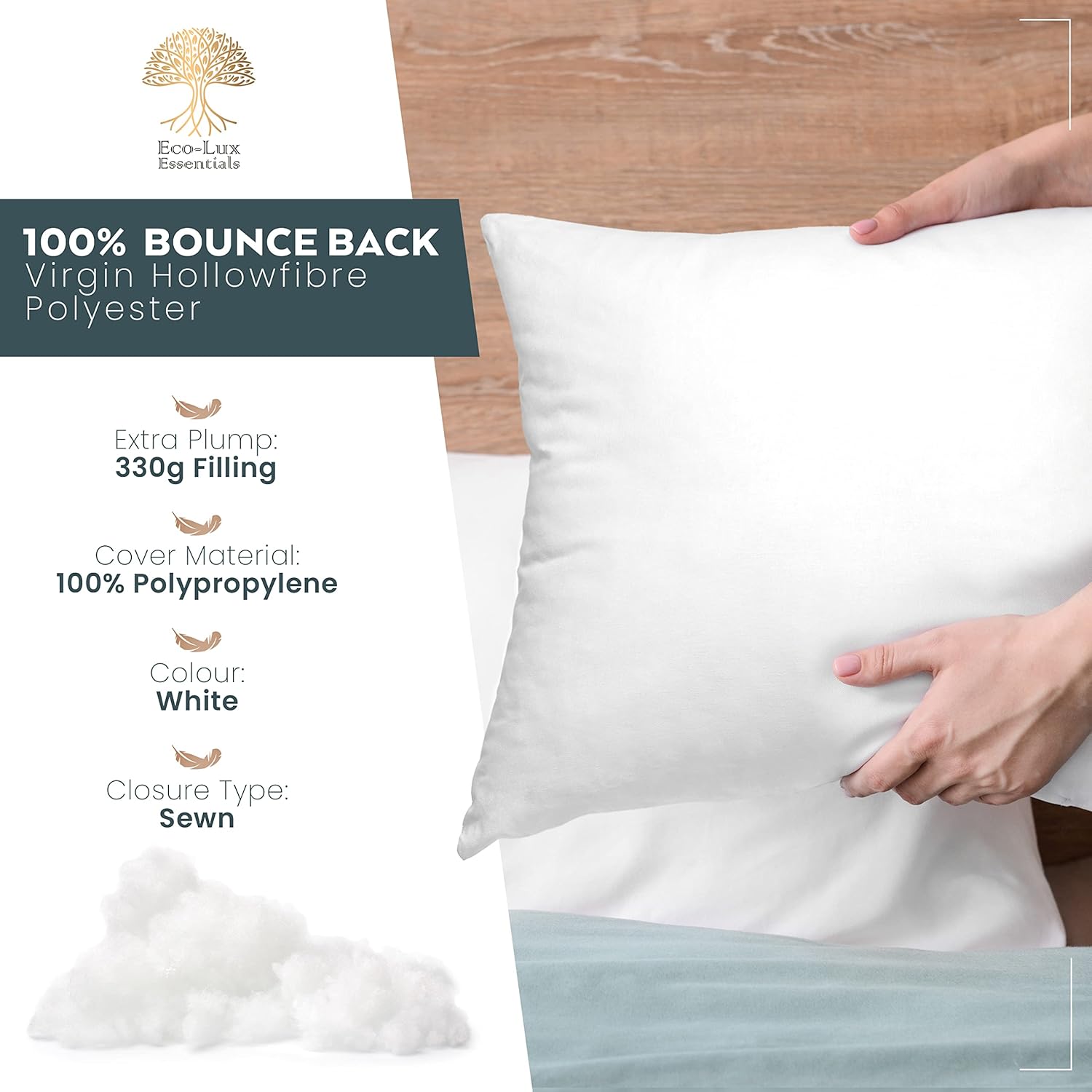 Eco-Lux Cushion Inserts Inner Pads Extra Fill Premium Quality Plump Bounce Back Hollowfibre 45 x 45 cm (18" x 18") Square Fillers Decorative Pillow Stuffer for Sofa and Beds - Made in UK (Pack of 2)-2