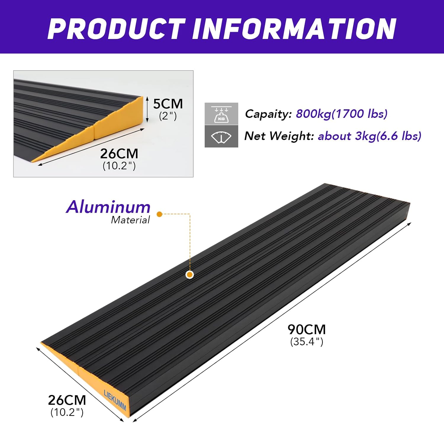 LIEKUMM Threshold Ramps, 5cm Rise Mobility Scooter Ramps, Ramps for Wheelchairs, Ramp for Threshold, Step, Doorways, Aluminum Ramp for Scooter, 800KG Capacity-2