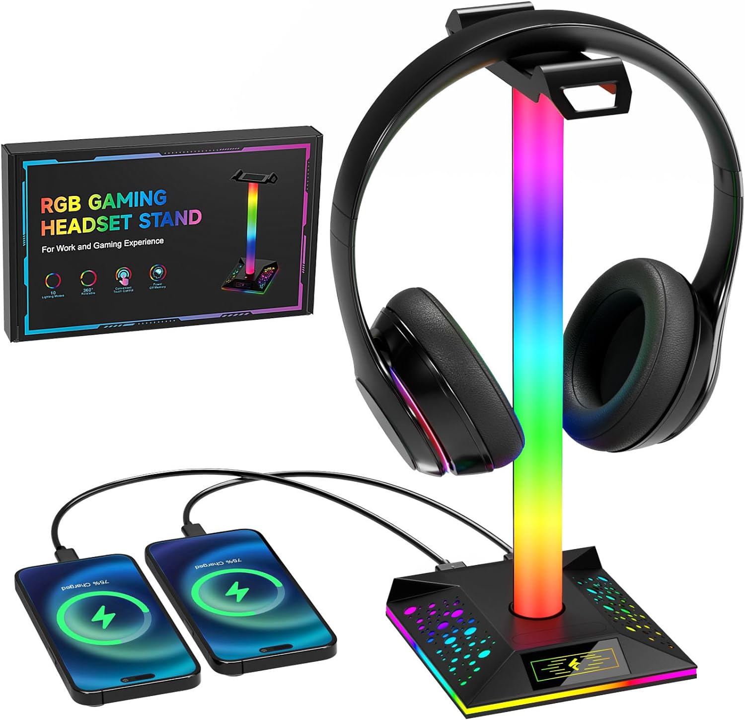 Hcman Headphone Stand Gaming Headset Holder RGB PC Gaming Accessories for Desk, Cool LED Headset Stand with 2 USB Charger for Gamer, Black-0