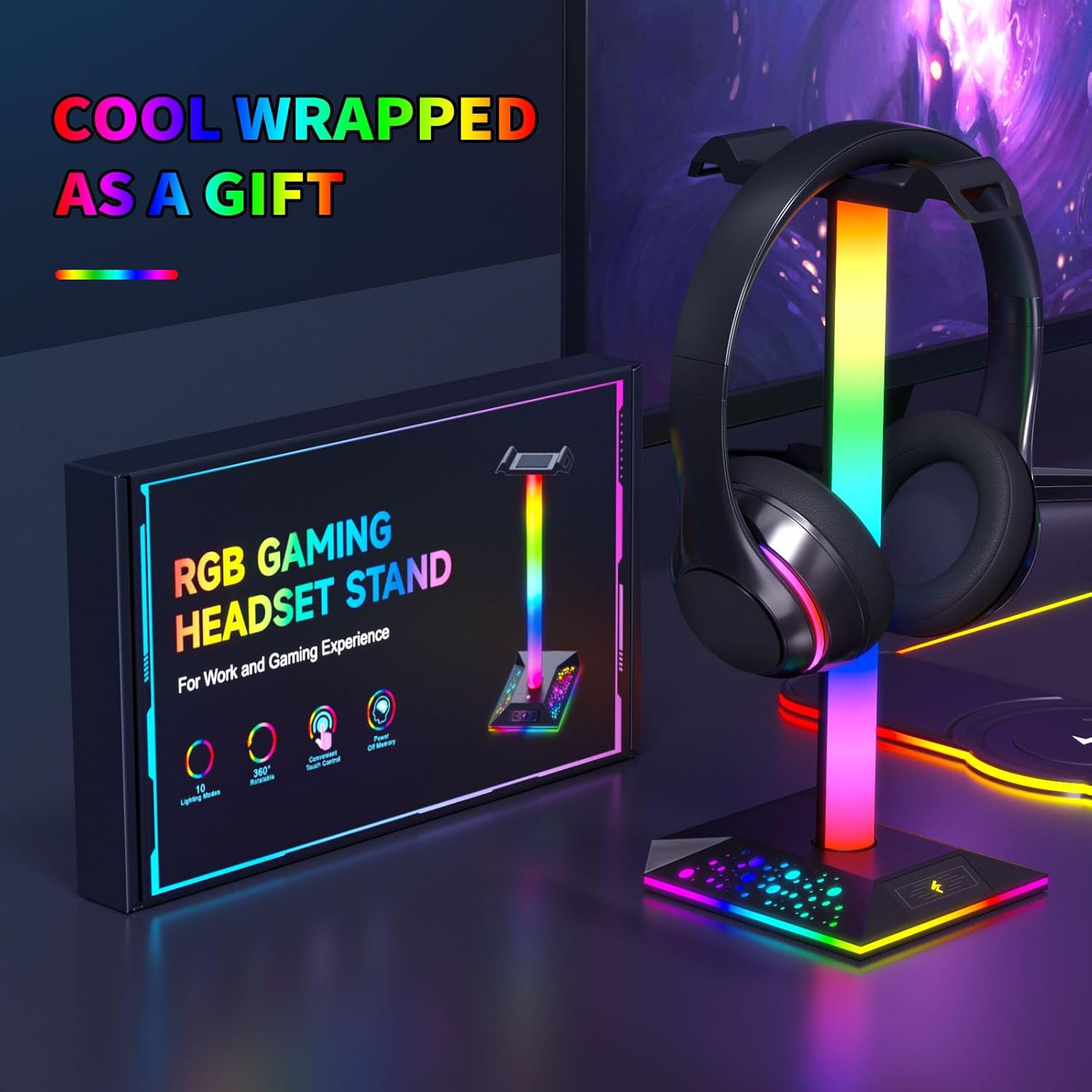 Hcman Headphone Stand Gaming Headset Holder RGB PC Gaming Accessories for Desk, Cool LED Headset Stand with 2 USB Charger for Gamer, Black-3