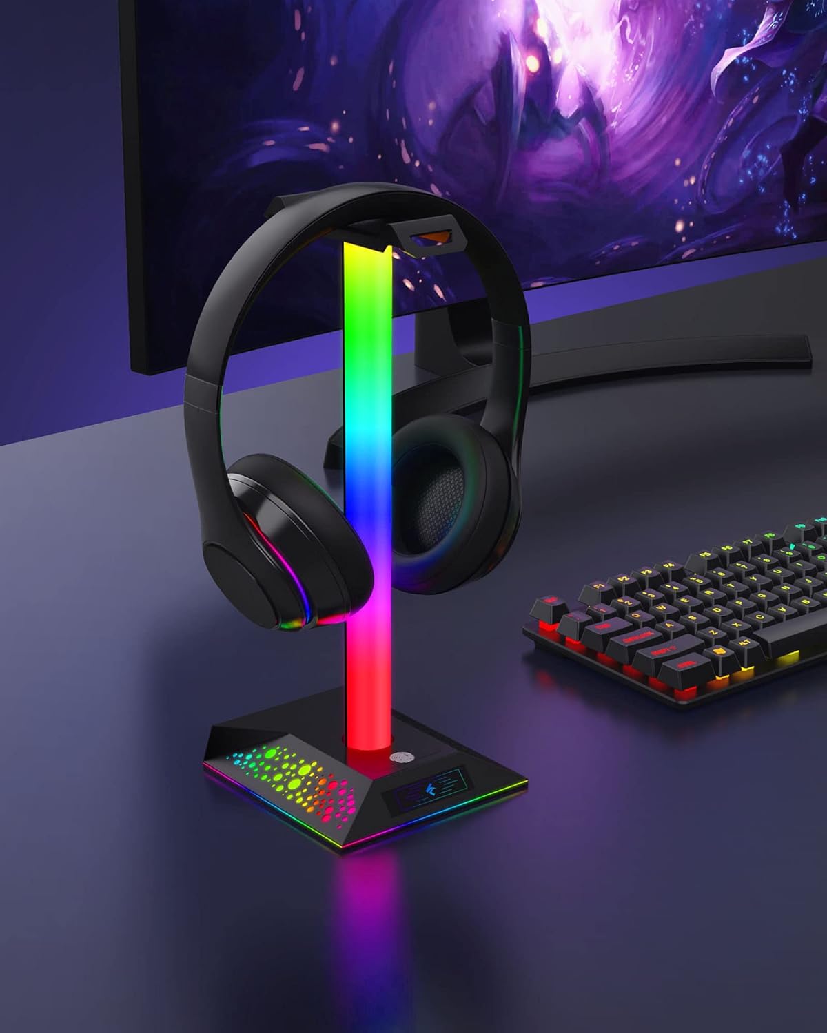 Hcman Headphone Stand Gaming Headset Holder RGB PC Gaming Accessories for Desk, Cool LED Headset Stand with 2 USB Charger for Gamer, Black-6