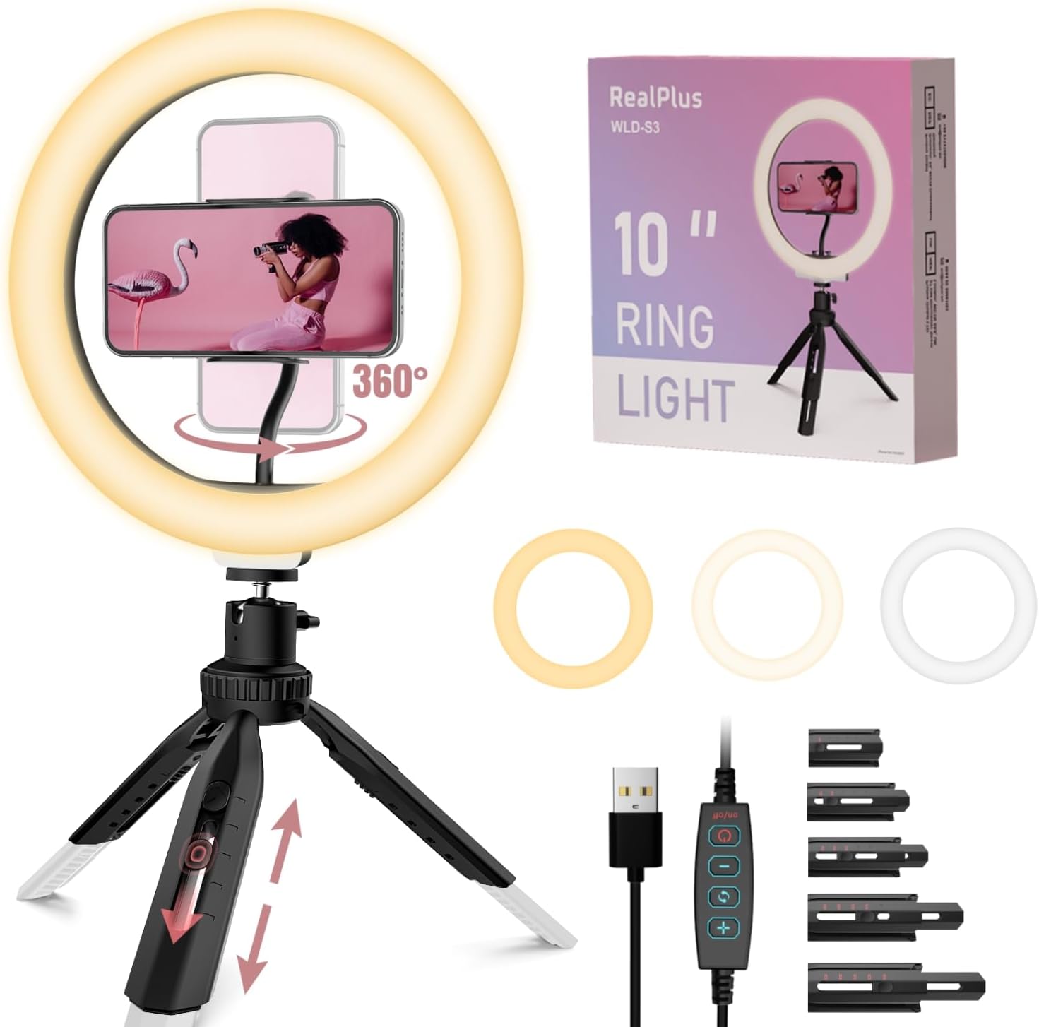 RealPlus LED Ring Light, 10" Ring Light with Tripod Stand & Phone Holder, Selfie Ring Light with 3 Light Modes & 10 Brightness for YouTube Video Tiktok-Gifts for Women-0