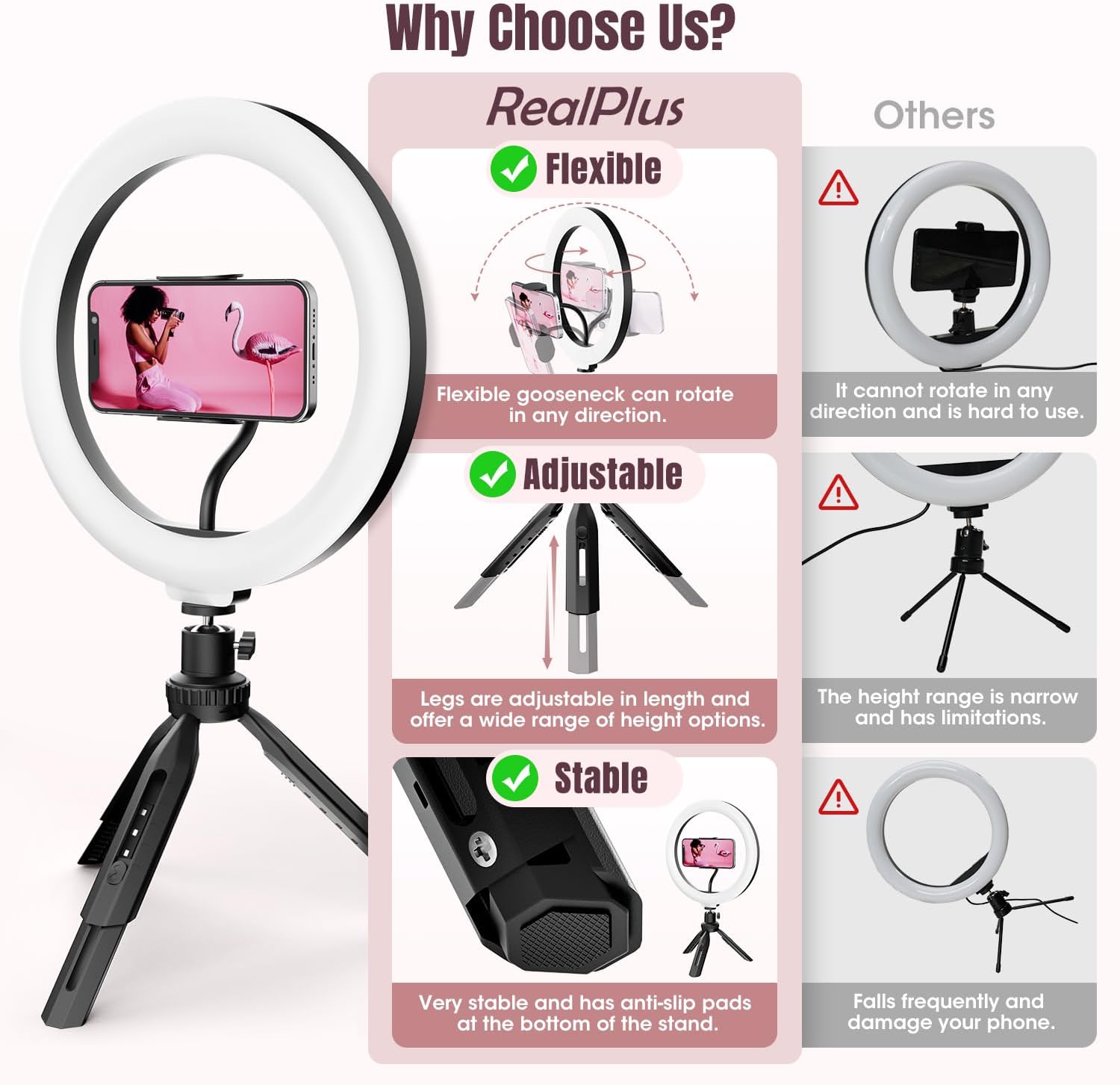 RealPlus LED Ring Light, 10" Ring Light with Tripod Stand & Phone Holder, Selfie Ring Light with 3 Light Modes & 10 Brightness for YouTube Video Tiktok-Gifts for Women-1