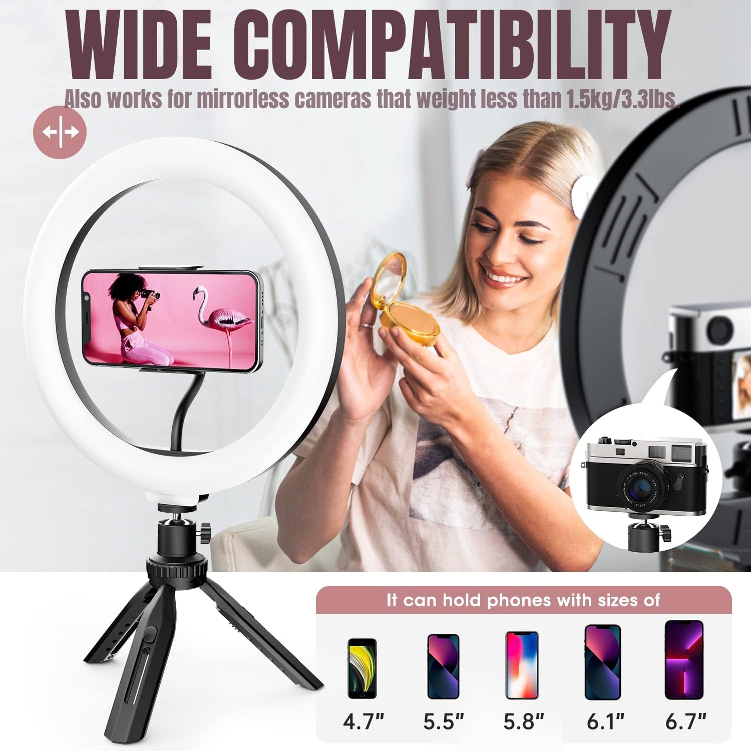 RealPlus LED Ring Light, 10" Ring Light with Tripod Stand & Phone Holder, Selfie Ring Light with 3 Light Modes & 10 Brightness for YouTube Video Tiktok-Gifts for Women-3