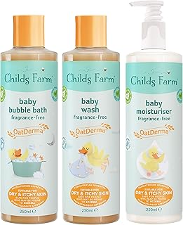 Childs Farm | Baby OatDerma Regime Bundle | OatDerma Baby Moisturiser, Wash & Bedtime Bubbles 250ml | Suitable for Newborns with Dry, Itchy & Eczema-Prone Skin, Clear