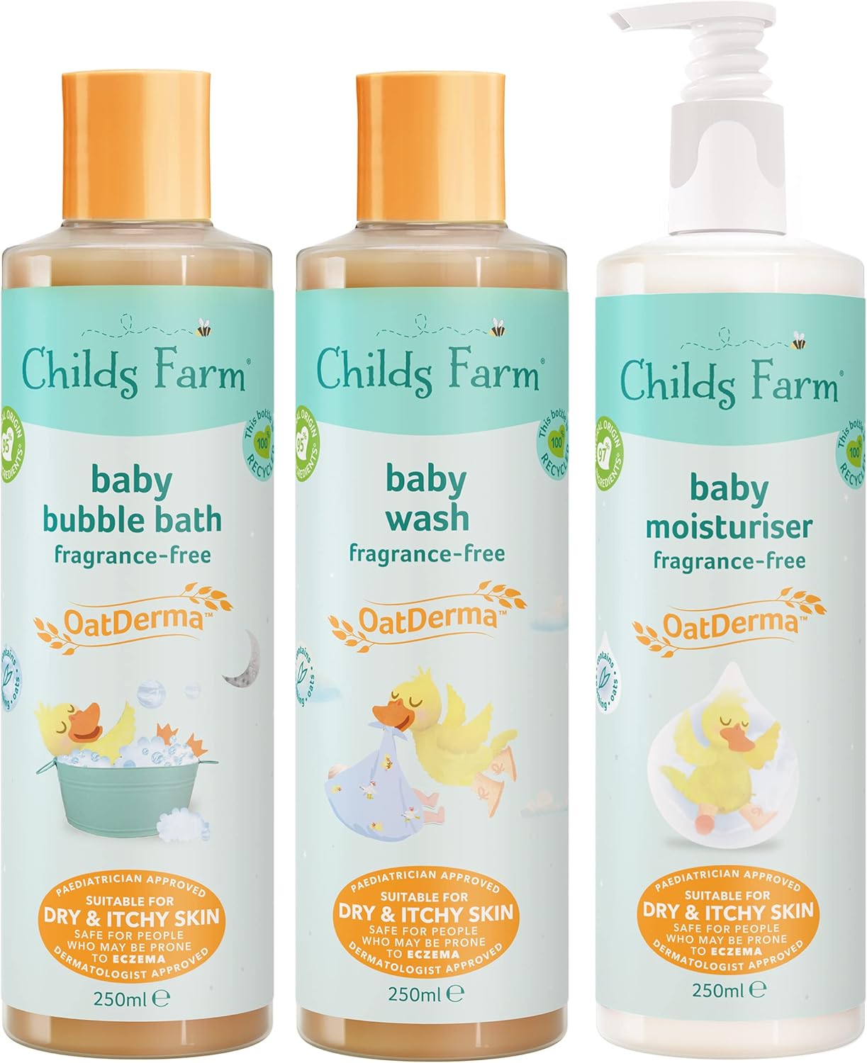 Childs Farm | Baby OatDerma Regime Bundle | OatDerma Baby Moisturiser, Wash & Bedtime Bubbles 250ml | Suitable for Newborns with Dry, Itchy & Eczema-Prone Skin, Clear-0