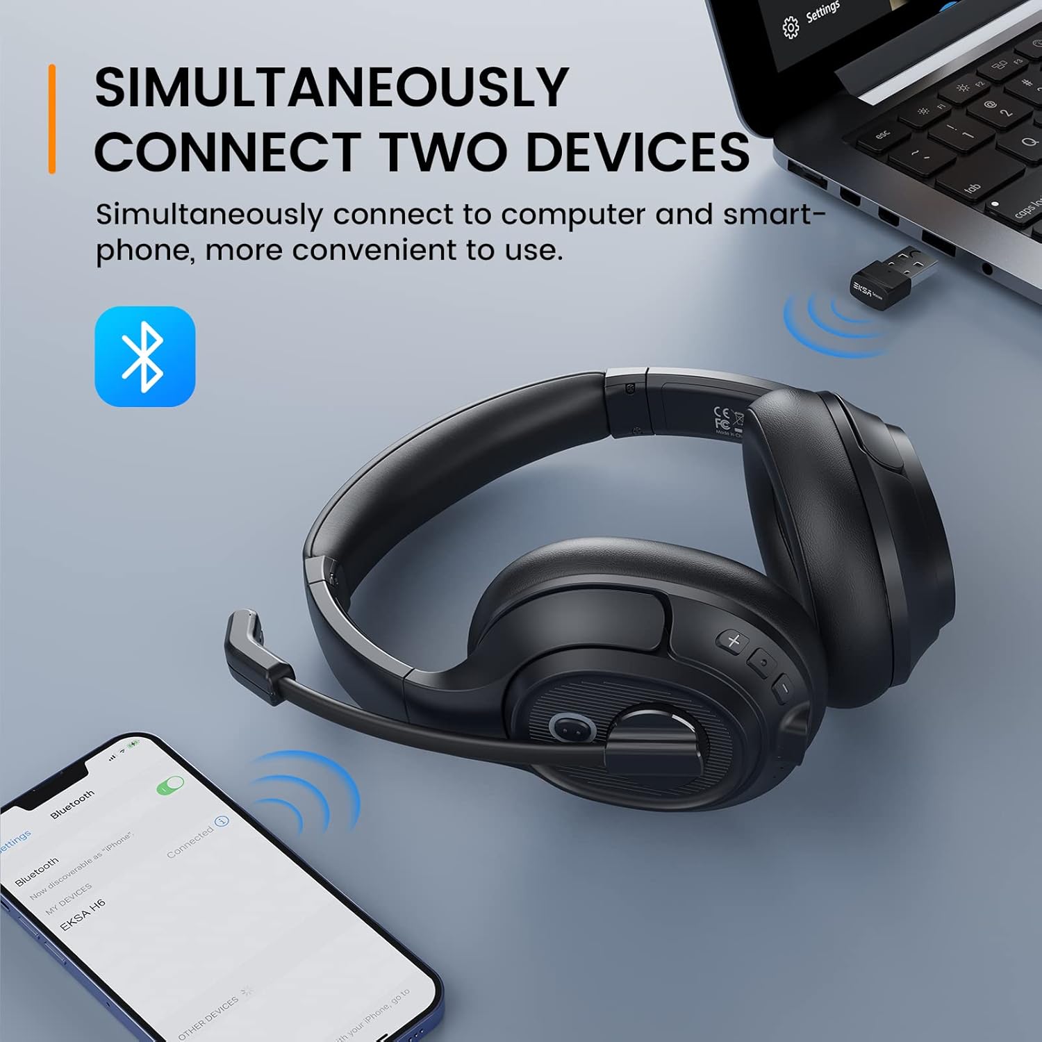 EKSA H6 Wireless Headset with Microphone & USB Dongle [Up to 55 Hours & 10 Metre Range] Bluetooth Computer Headset with AI Noise Cancelling Mic, Over Ear Headphone for Business/Office/Home/Teams/Zoom-1