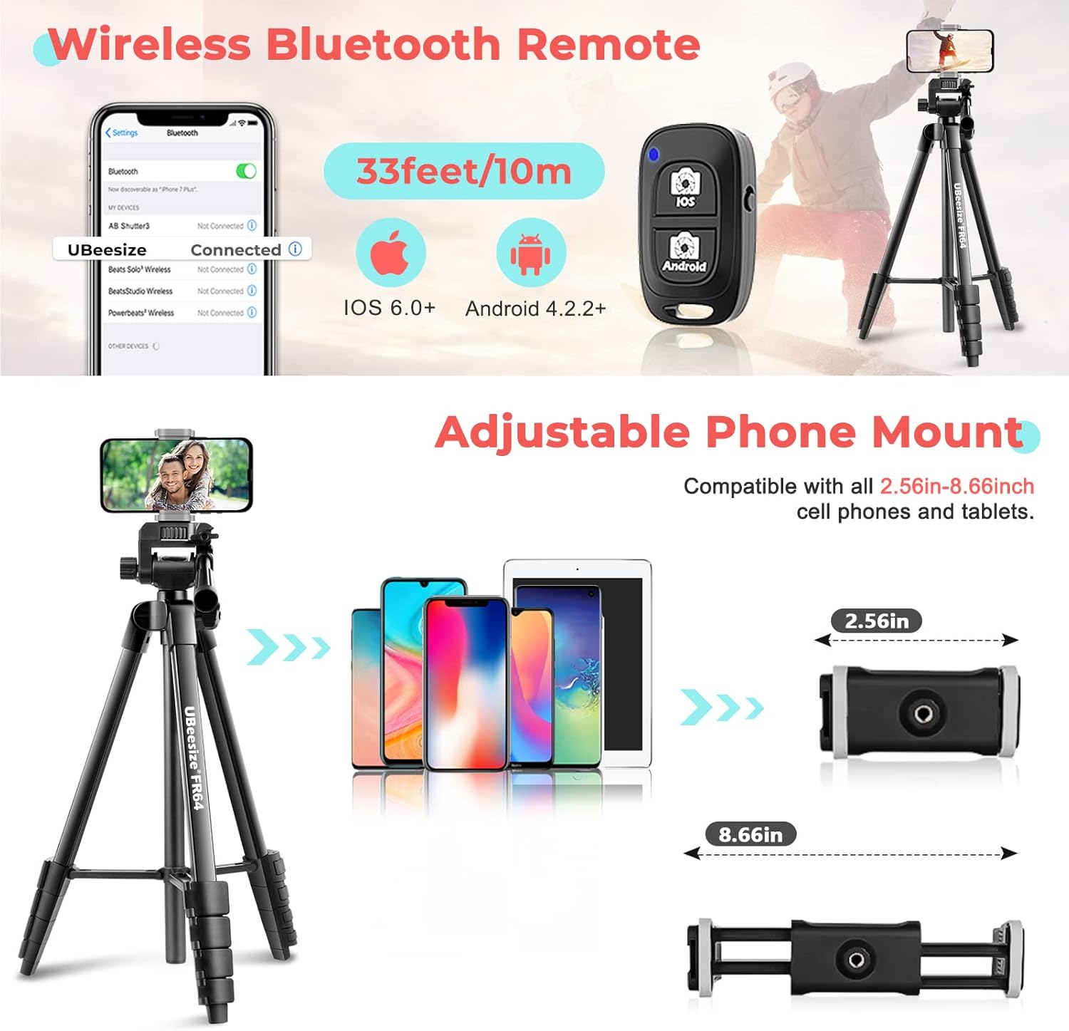 UBeesize FR64 64 Inch Mobile Phone Tripod, Tripod Smartphone with Remote Control and Phone Holder, Lightweight Camera Tripod for Selfie, Video Recording, Live Streaming, Compatible with Mobile-3