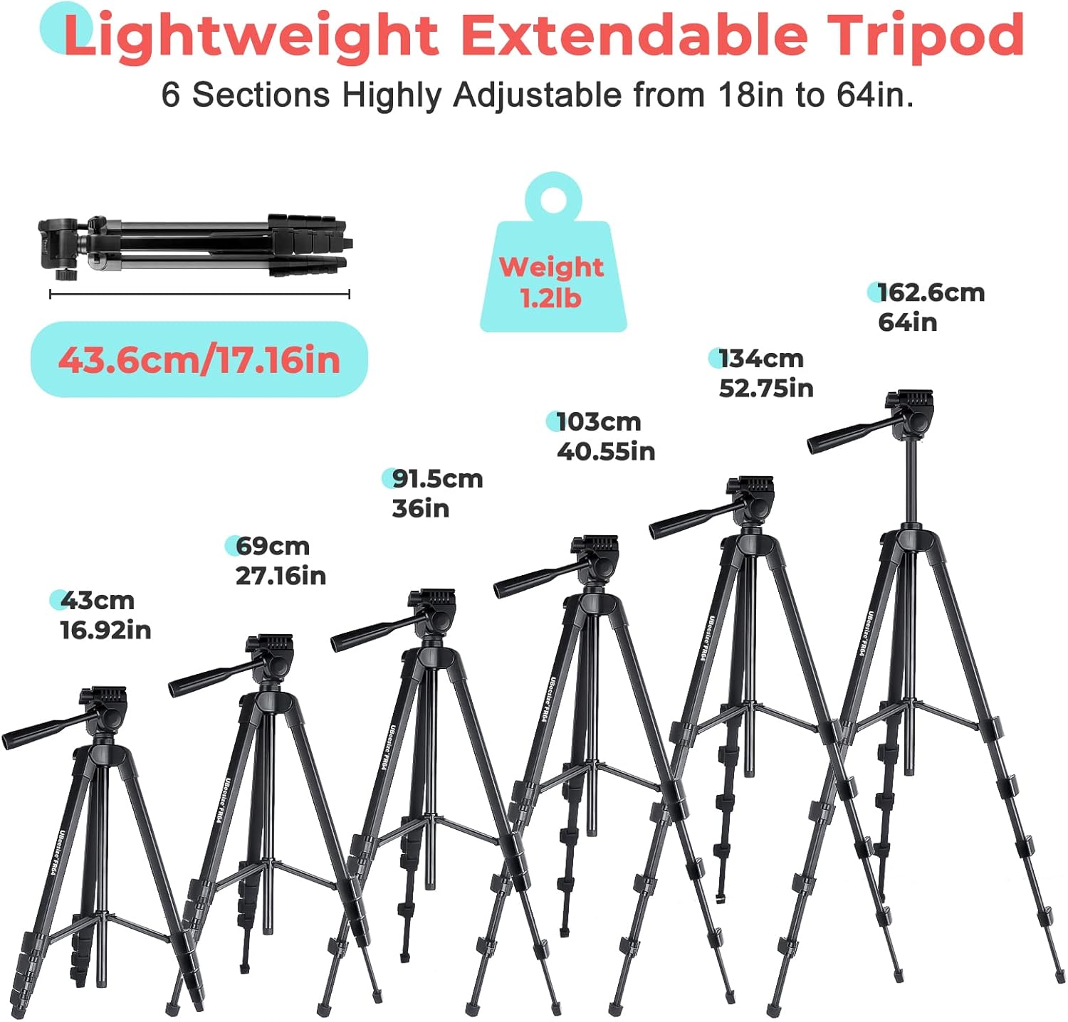 UBeesize FR64 64 Inch Mobile Phone Tripod, Tripod Smartphone with Remote Control and Phone Holder, Lightweight Camera Tripod for Selfie, Video Recording, Live Streaming, Compatible with Mobile-4