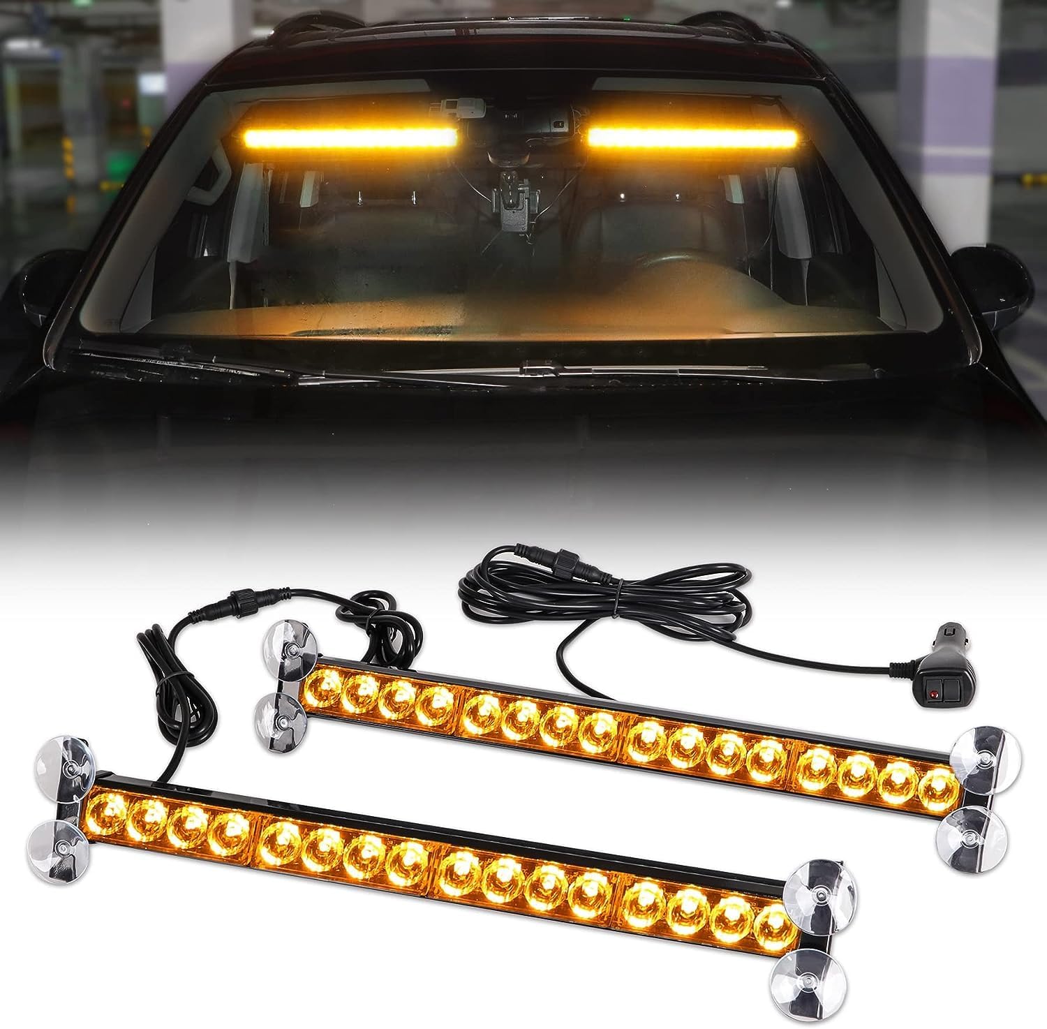 ROUTEKING 2x17Inch Led Car Strobe Warning Lights - 32LED Emergency IP65 Flashing Recovery Warning Strobe Light Beacon, 23 Flash Patterns Flashing Light for Car Vehicles Trucks (Amber)-0