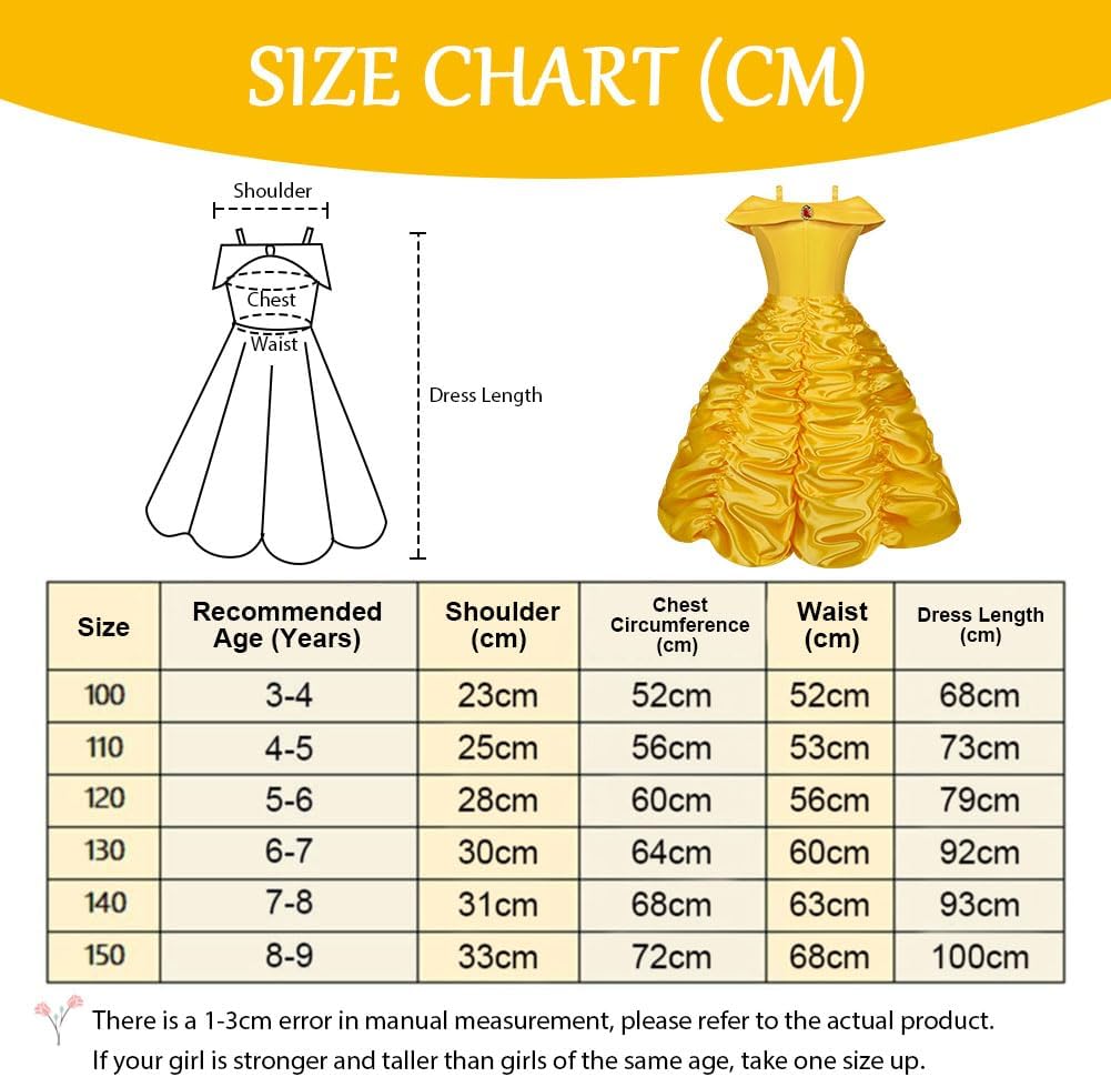 Vicloon Princess Belle Costume Dress, 3 Pcs Little Girl Princess Dresses Fancy Party Dress, Belle Dressing up Costume Fancy Dress Childs Party Outfit for Kids Girls Age 3-9 Years-2