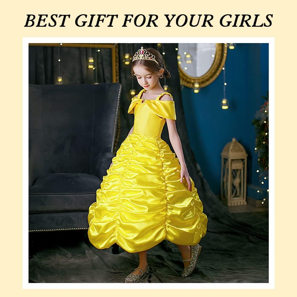 Vicloon Princess Belle Costume Dress, 3 Pcs Little Girl Princess Dresses Fancy Party Dress, Belle Dressing up Costume Fancy Dress Childs Party Outfit for Kids Girls Age 3-9 Years-6