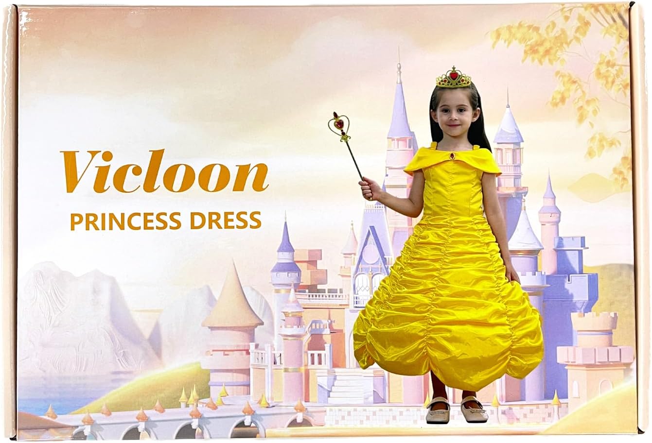 Vicloon Princess Belle Costume Dress, 3 Pcs Little Girl Princess Dresses Fancy Party Dress, Belle Dressing up Costume Fancy Dress Childs Party Outfit for Kids Girls Age 3-9 Years-7