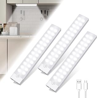 Tailcas Under Cabinet Kitchen Lights, 3 Pack 2000mAh 26 LED Motion Sensor Dimmable Cupboard Lights, 6000K USB Rechargeable Night Light with Magnetic Strip for Wardrobe, Closet, Stairs(20cm)