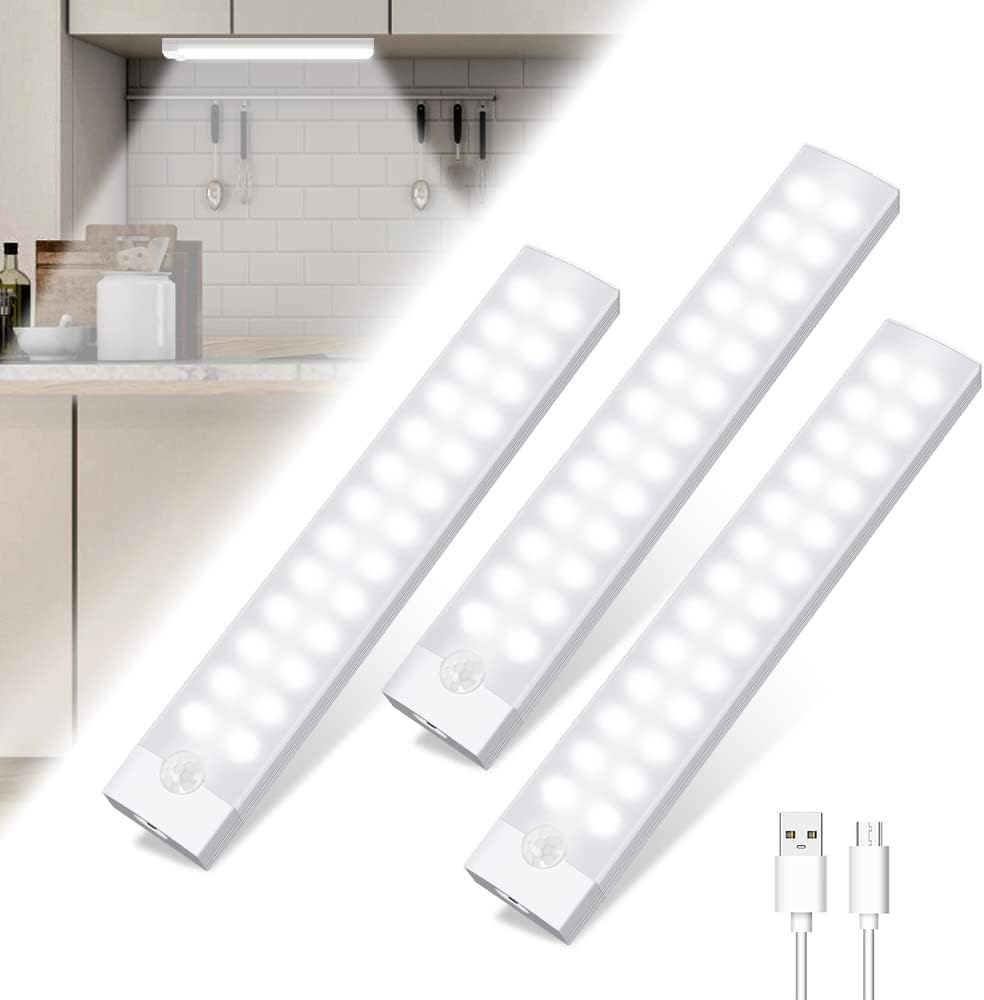 Tailcas Under Cabinet Kitchen Lights, 3 Pack 2000mAh 26 LED Motion Sensor Dimmable Cupboard Lights, 6000K USB Rechargeable Night Light with Magnetic Strip for Wardrobe, Closet, Stairs(20cm)-0