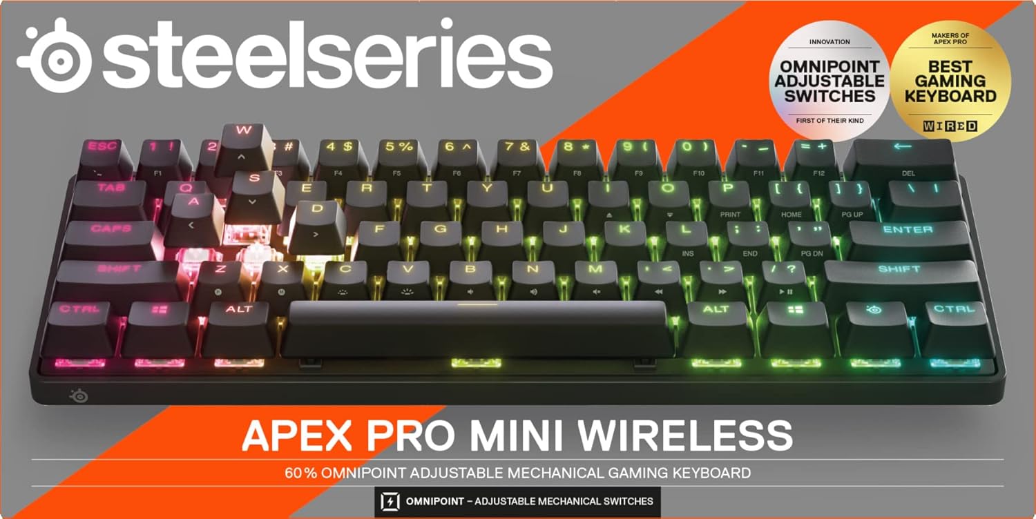 SteelSeries Apex Pro Mini Wireless HyperMagnetic Gaming Keyboard - World's Fastest Keyboard - Compact 60% Form Factor - Adjustable Actuation - RGB - Bluetooth - 2.4GHz - USB-C - English QWERTY Layout-12