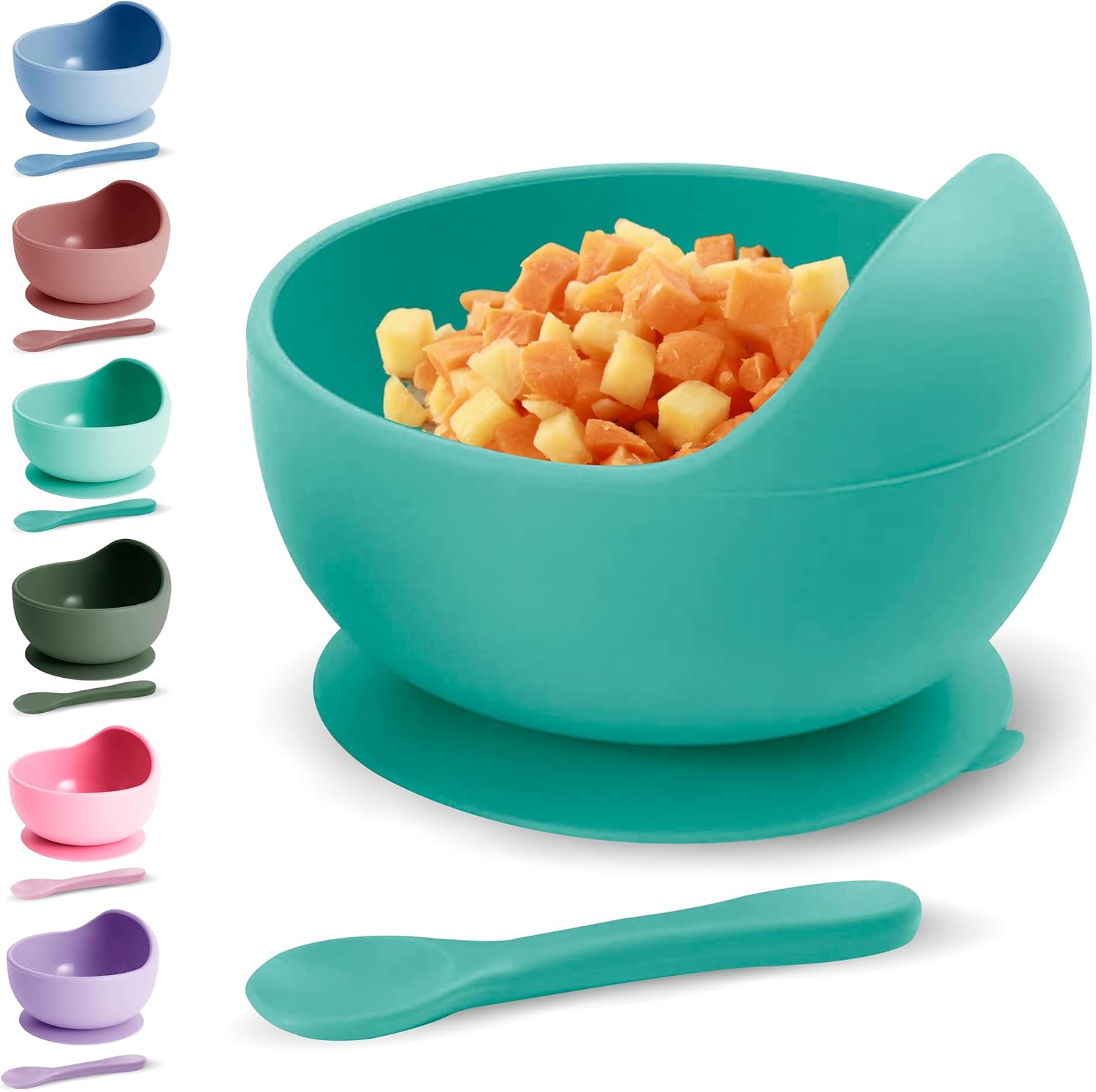 Xabono Baby Plates with Suction BPA Free Suction Plate Easy to Wash Suction Bowls for Baby and Silicone Baby Spoon Ejoyable Desing Baby Bowls First Food Baby Suction Plate Bowl (Mint) (SBBUK2022)-0