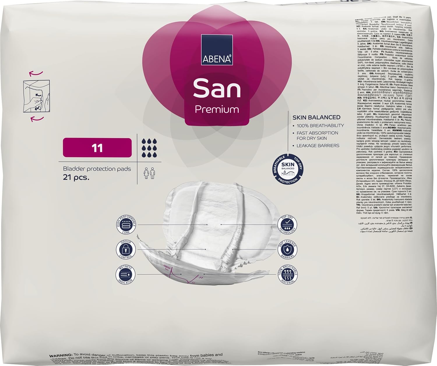 ABENA San Premium Mens & Womens Incontinence Pads, Breathable & Comfortable, Fast Absorption, Discreet & Effective Shaped Incontinence Pads for Men/Women - Premium 11, 3400ml Absorbency, 21PK-3