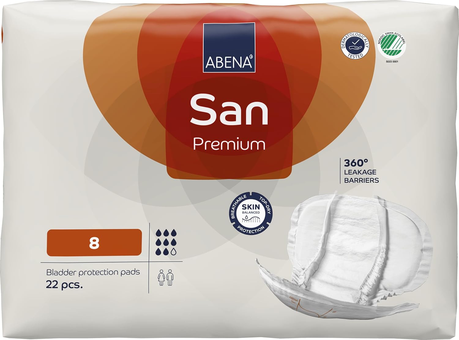 ABENA San Premium Mens & Womens Incontinence Pads, Breathable & Comfortable - Premium 8, 2500ml Absorbency, 22PK-1