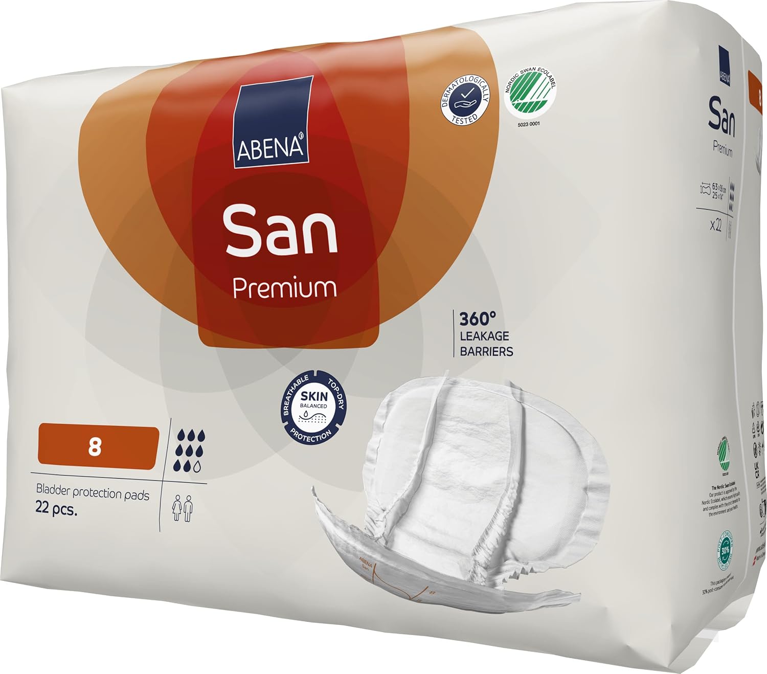 ABENA San Premium Mens & Womens Incontinence Pads, Breathable & Comfortable - Premium 8, 2500ml Absorbency, 22PK-2