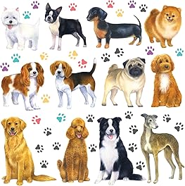 DECOWALL DS-8045 12 Dogs Wall Stickers Puppy Pet Paw Print Learning Dog Breed Decals for Kids Nursery Bedroom Living Room Art