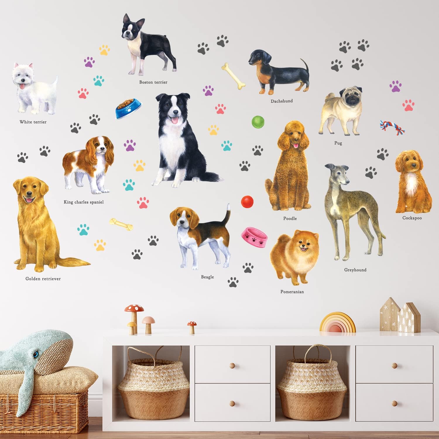 DECOWALL DS-8045 12 Dogs Wall Stickers Puppy Pet Paw Print Learning Dog Breed Decals for Kids Nursery Bedroom Living Room Art-1