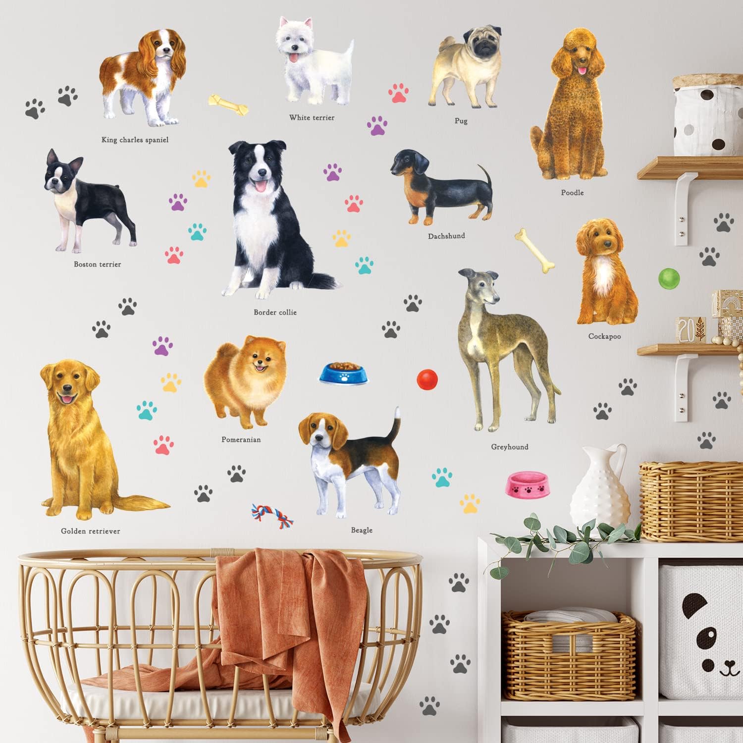 DECOWALL DS-8045 12 Dogs Wall Stickers Puppy Pet Paw Print Learning Dog Breed Decals for Kids Nursery Bedroom Living Room Art-2