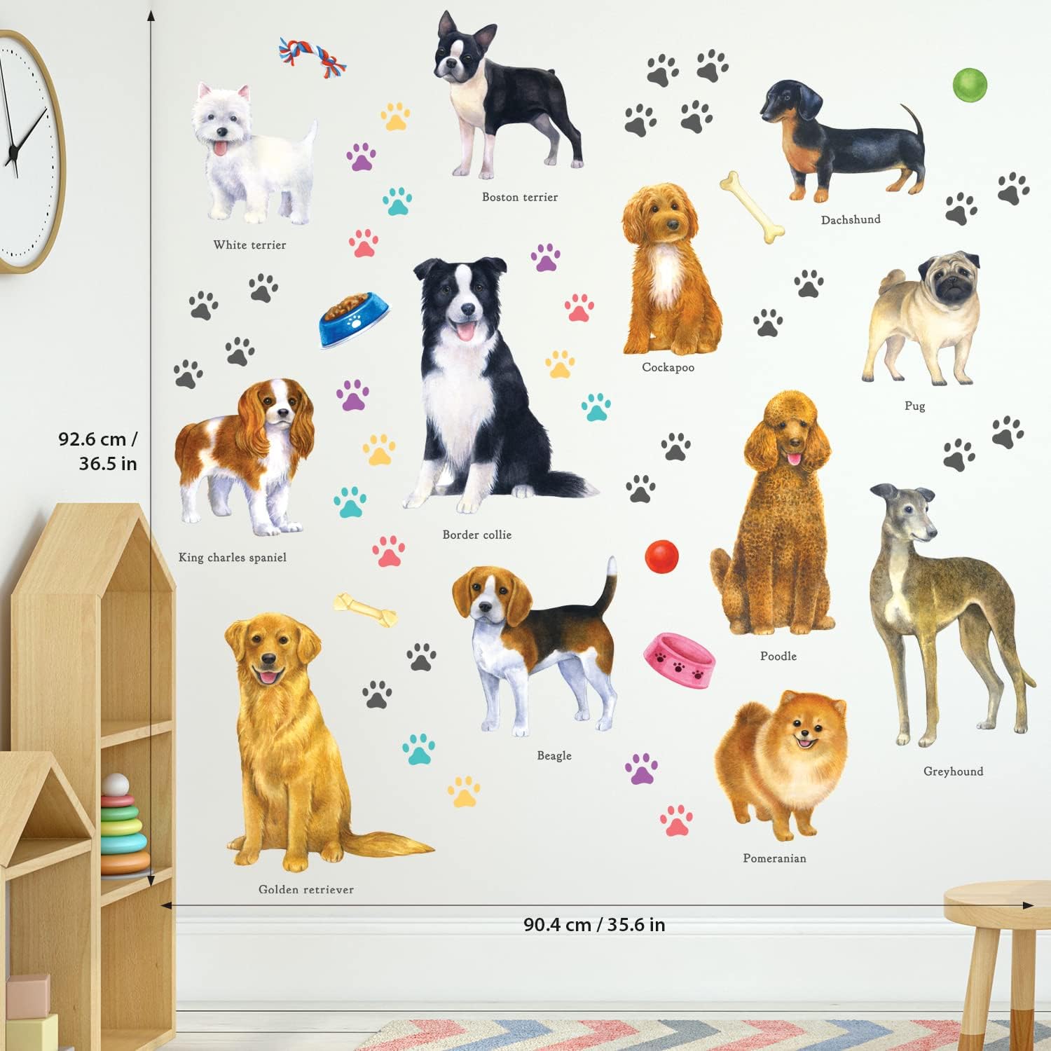 DECOWALL DS-8045 12 Dogs Wall Stickers Puppy Pet Paw Print Learning Dog Breed Decals for Kids Nursery Bedroom Living Room Art-4