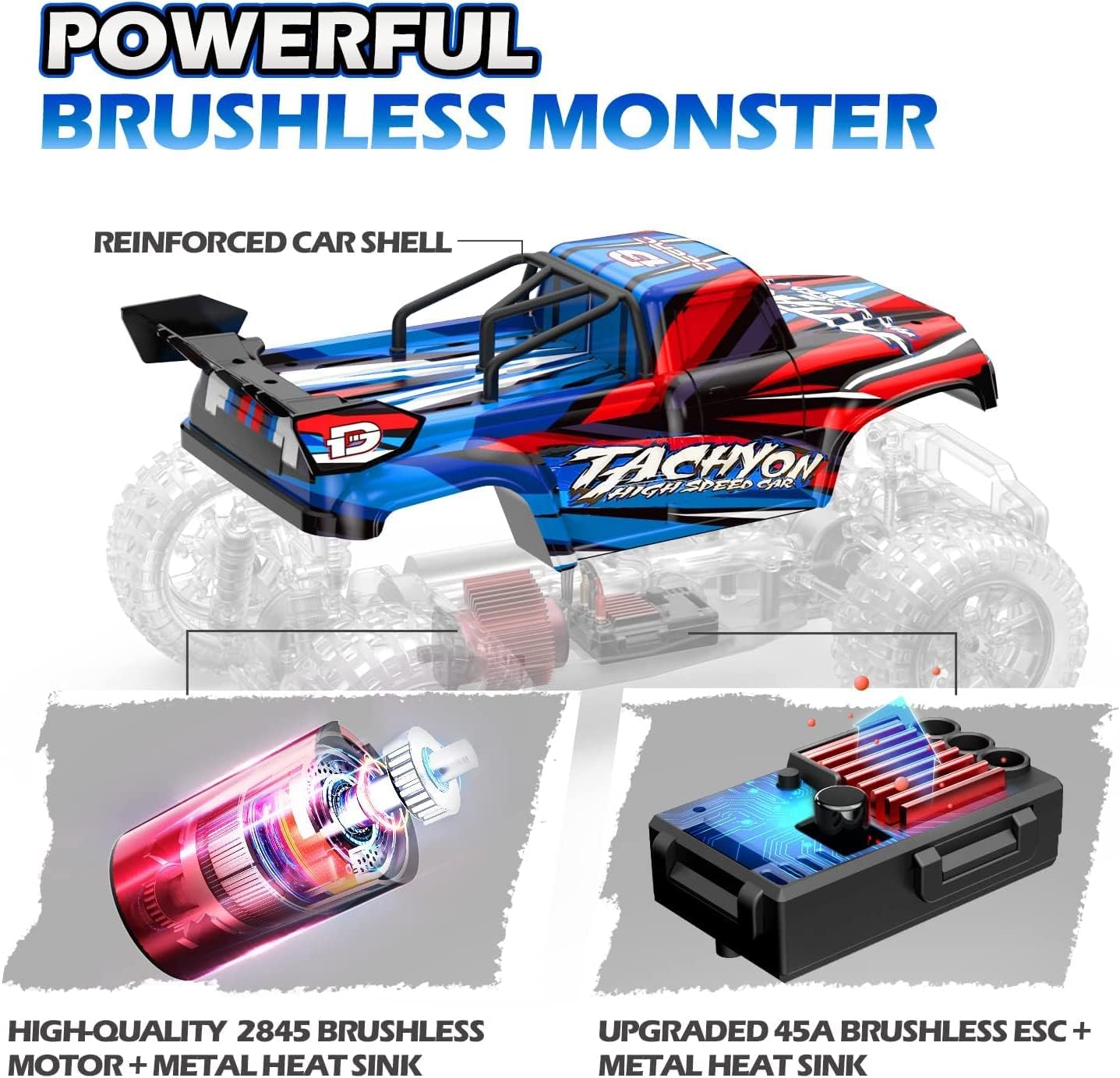 DEERC 1:10 Scale Fast Brushless RC Car for Adults, 4WD High Speed RC Monster Truck, 60+ KMH, All Terrain 2.4Ghz Hobby RC Truck, Off-Road Remote Control Vehicle, 40+ min Play, RC Crawler Gift for Boys-1