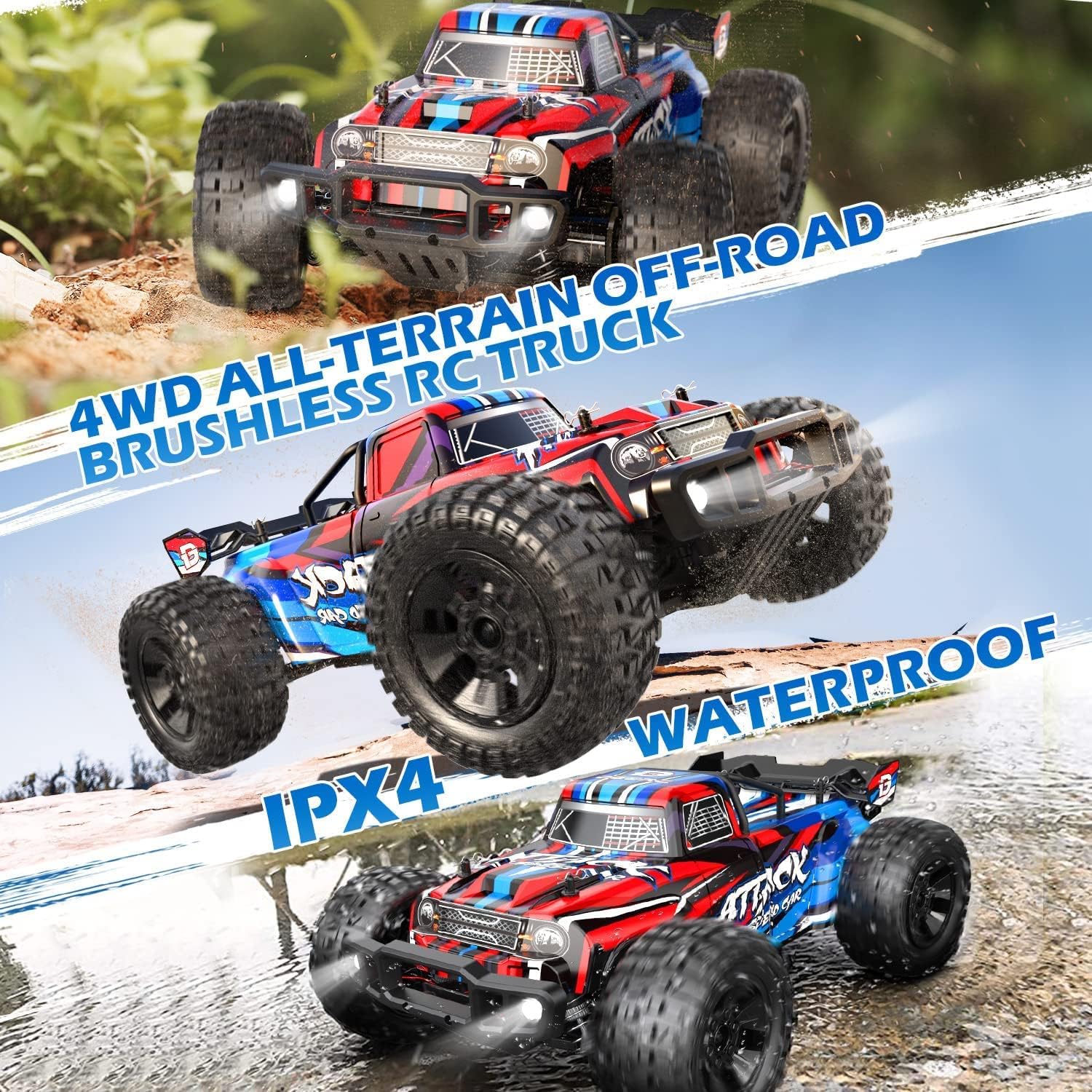 DEERC 1:10 Scale Fast Brushless RC Car for Adults, 4WD High Speed RC Monster Truck, 60+ KMH, All Terrain 2.4Ghz Hobby RC Truck, Off-Road Remote Control Vehicle, 40+ min Play, RC Crawler Gift for Boys-3