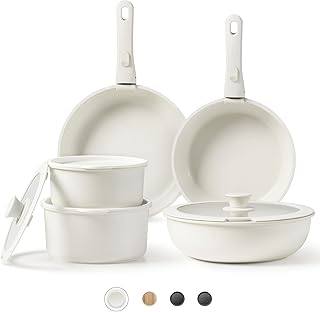 CAROTE Pots and Pans Set, Nonstick Cookware Sets Detachable Handle,Induction Kitchen Set Non Stick with Removable Handle, RV Set, Oven Safe, Cream White