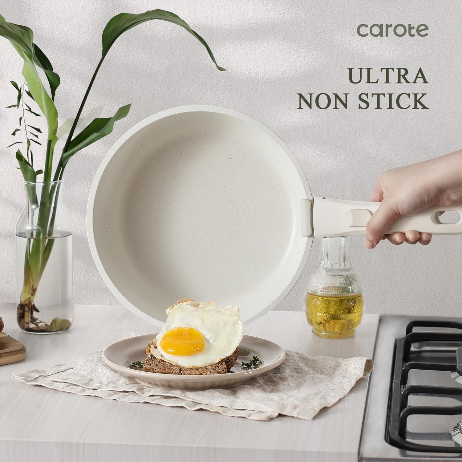 CAROTE Pots and Pans Set, Nonstick Cookware Sets Detachable Handle,Induction Kitchen Set Non Stick with Removable Handle, RV Set, Oven Safe, Cream White-2