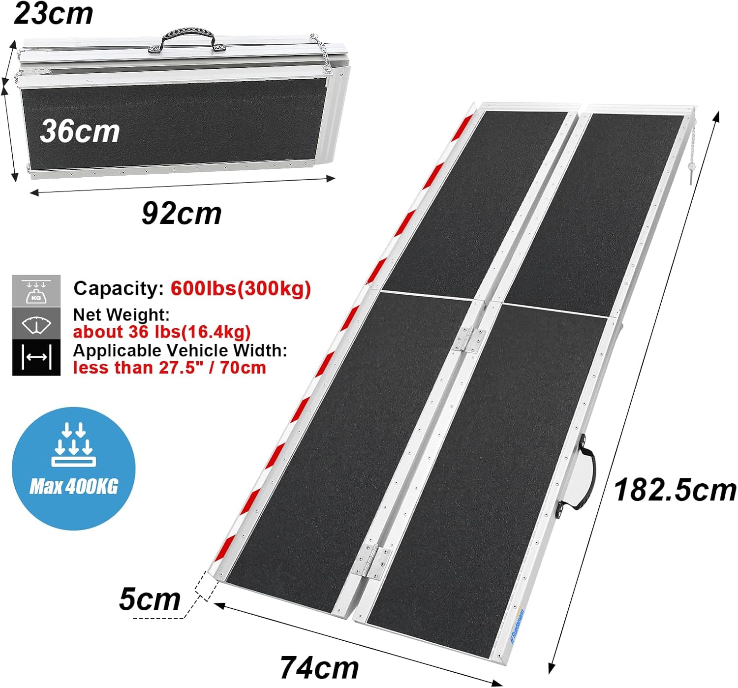 LIEKUMM Wheelchair Ramp, 182.5Lx74Wcm Foldable Aluminum Ramp for Wheelchairs, Scooter, Steps, Stairs, Threshold, Non-Skid Portable Wheelchair Ramp for Handicapped Walkers Elder, 300KG Capacity-1