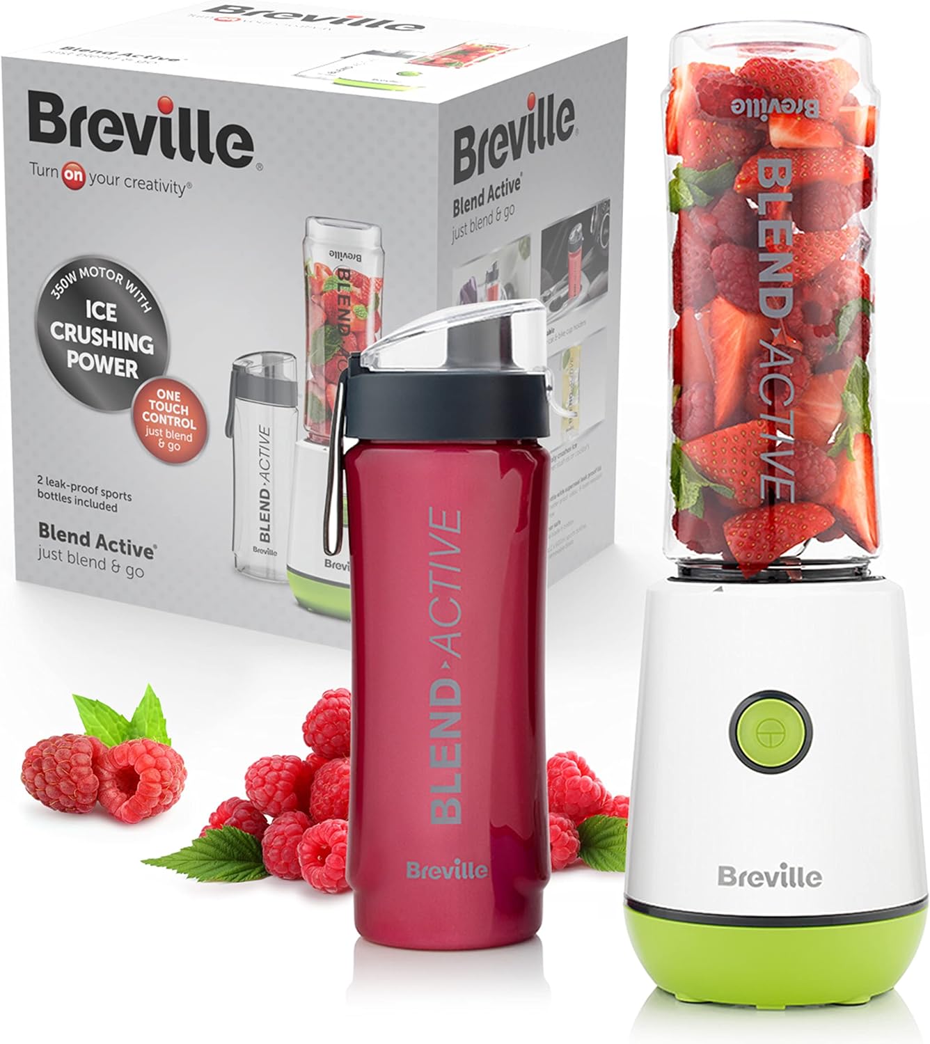 Breville Blend Active Personal Blender & Smoothie Maker | 350W | 2 Portable Blend Active Bottles (600ml) | Leak Proof Lids | White & Green [VBL246]-0