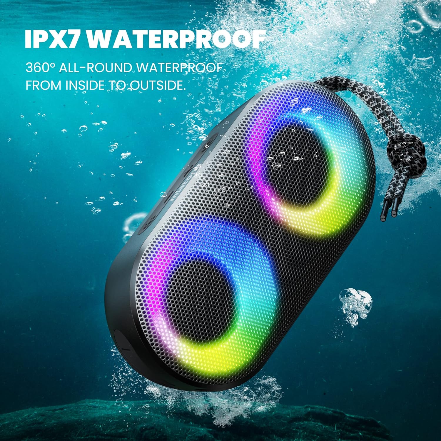 MIATONE Bluetooth Speaker with RGB Lights, IPX7 Waterproof Shower Speaker with Deep Bass Mode, 20H Playtime, Mic, TF Card, True Wireless Stereo Portable Speaker for, Shower, Gifts, Outdoor (Black)-4