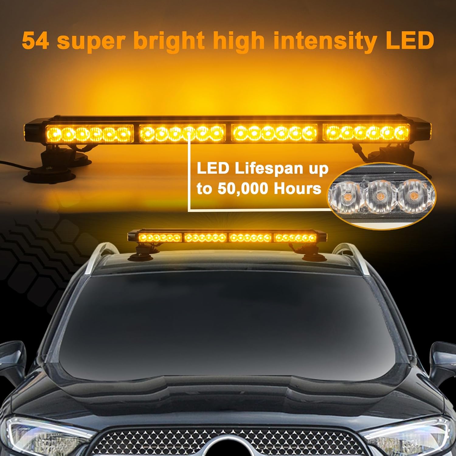 Esoldnic LED Strobe Flashing Light Bar, 26.6 Inch 54 LEDs Double Side High Intensity Emergency Hazard Warning Beacon Light, Amber Light Bar with Magnetic Mounts for Car Truck Trailer Roof (12-24V)-1