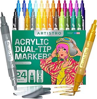 ARTISTRO Acrylic Paint Pens 24 Dual Tip Markers with 2 Mirror Chrome Marker Gold & Silver Extra Fine and Medium Tip + Chisel, Acrylic Paint Markers for Rocks, Wood, Canvas, Glass, Plastic