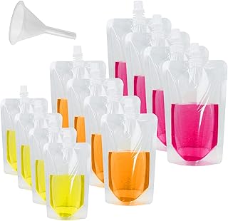 12 Pieces Reusable Drink Pouches Travel Drink Flasks Liquor Pouch with Spout and 1 Pieces Drink Flask Funnel for Picnic Camping Party Beverage Drinks, 300ml, 420ml, 500ml