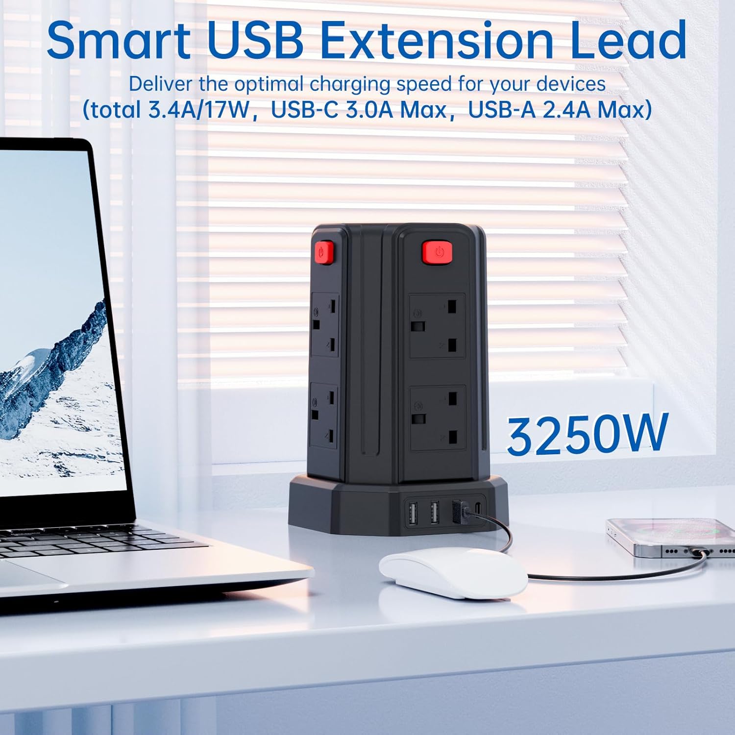 Tower Extension Lead, [13A 3250W] Surge Protector Extension Lead,8 AC Outlets & 4 USB Ports Multi Plug Socket Power Strip with 3M Extension Cable for Home, Office-2